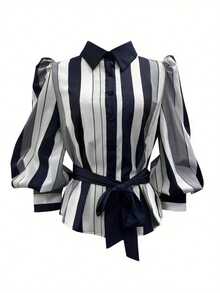 一件撞色条纹涤纶蝴蝶结腰部前扣女士春季套装，可爱衬衫，时尚优雅长袖上衣，适合居家、日常、办公、旅行、秋冬季节度假，女士春季套装，女士情人节套装 - 彩色 - 查看 4