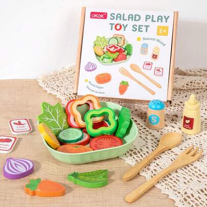 Kids Realistic Fruit & Vegetable DIY Salad Play Set, Food Recognition & Salad Making Role Play Toys For Boys & Girls, Birthday & Children's Day Gift