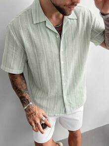 Men's Slim Fit Linen-Like Striped Shirt, Minimalist Stylish Mandarin Collar Top, Fashionable & Refreshing For Summer Wear - Multicolor - View 1