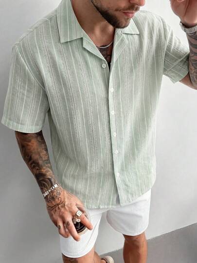 Áo sơ mi nam dáng ôm, chất liệu giả vải lanh, kẻ sọc, kiểu dáng tối giản, cổ tàu thanh lịch, thời trang và tươi mát cho mùa hè.