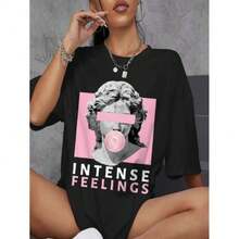 Camiseta Feminina Oversized Ombro Caído Escultura & Carta Gráfica Intense Feelings Treino Academia - Preto - Visão 1