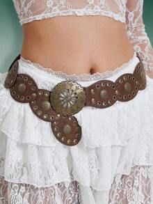 Hershine 1pc Western Cowboy Bohemian Style Country Belt, Women's Fashion Accessory, Retro Bronze Floral Hollow Buckle Oval Belt Waist Chain, Bohemian Style Belt And Dress Accessory Halloween Valentine's Day Valentines - 棕色 - 查看 1