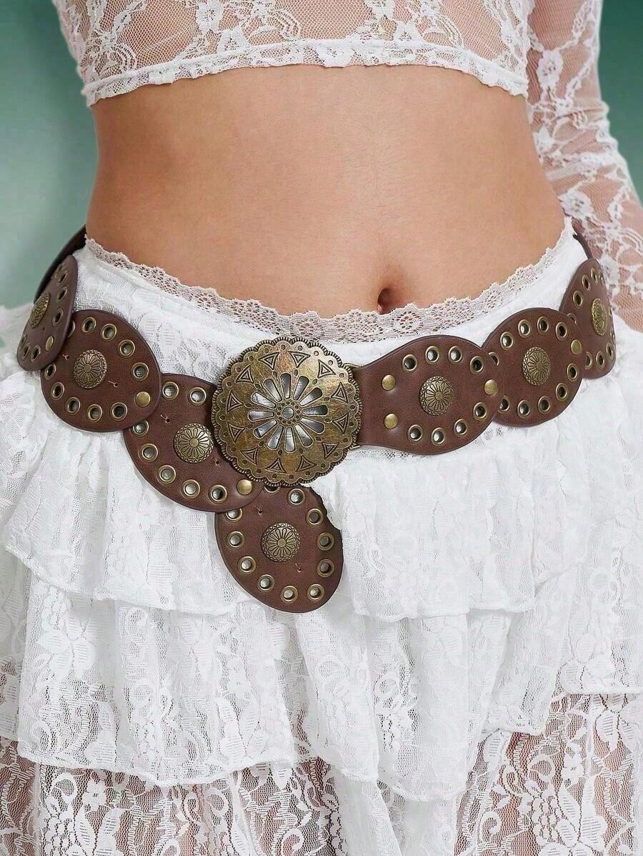 Hershine 1pc Western Cowboy Bohemian Style Country Belt, Women's Fashion Accessory, Retro Bronze Floral Hollow Buckle Oval Belt Waist Chain, Bohemian Style Belt And Dress Accessory Halloween Valentine's Day Valentines - 棕色 - 查看 1