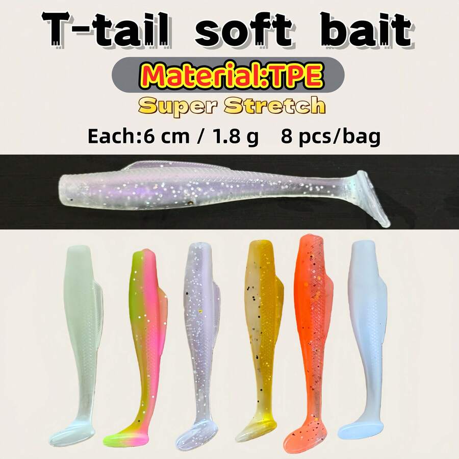 6厘米8克软饵，仿生鱼饵，路亚钓具，TPE材质，高弹性和抗撕裂性，适用于冰钓、微型鱼钓、淡水和海水垂钓 - 彩色 - 查看 1