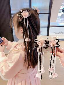 2pcs/Set Girls Fabric Flower Tassel Braided Hair Clips, Ancient Chinese Style Headpiece For New Year, Dance - Multicolor - View 3
