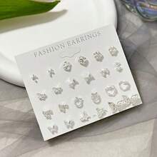 12 Pairs Small Bow & Heart Stud Earrings Set, Fashionable Elegant Versatile, Suitable For Daily Wear, Ideal Gift For Holidays - Silver - View 4