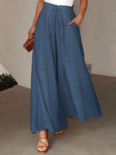 1 pieza Pantalones de mujer con bolsillo con cordón de tela tejida de unicolor, adecuados para citas, vacaciones, uso diario, fiestas de cumpleaños, fiestas de solteros, de peso ligero, efecto de mezclilla