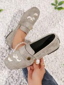 新款时尚金属扣装饰单带套脚鞋，时尚乐福鞋，舒适防滑百搭设计，适合日常穿着和通勤。 - 灰色 - 查看 1