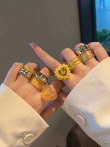 女款時尚個性戒指組，多色多款可選，熱銷多彩透明粉色橘色紫色藍色綠色黃色深紅色米色棕色玫瑰紅彩色寬面心形水鑽大戒指，3/4/5/6/7/8/9/10/11/12件組 - 彩色 - 查看 9