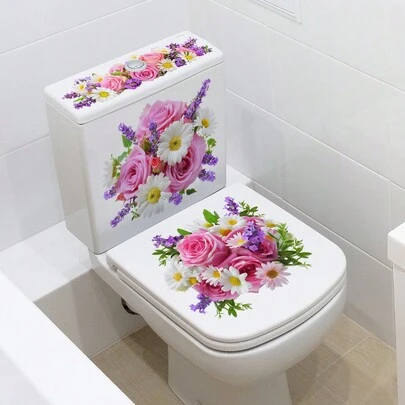 1 pieza Pegatina de inodoro con rosa rosa fresca, pegatina decorativa para baño, pegatina autoadhesiva impermeable y fácil de quitar con tema floral