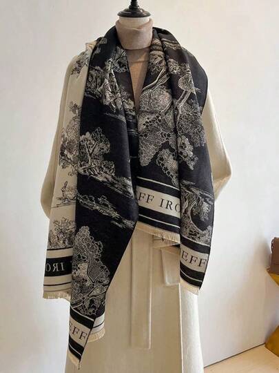 1pc Elegant & Soft Reversible Faux Cashmere Black Floral Jacquard Warm Scarf/Shawl, Suitable For Daily Wear, Autumn/Winter