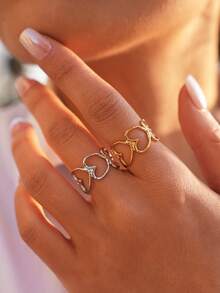 Frminee 2pcs/1pc Simple And Cute Heart 18k Gold Plated Geometric Stainless Steel Ring, Stacked Strap Statement Wedding Promise Ring, Valentine's Day Gift - Multicolor - View 3