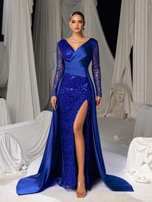 女士优雅深V领晚礼服，饰有亮片，长袖高开衩，正式修身款式，完美适用于红毯活动、派对和婚礼。 - 寶藍色 - 查看 5
