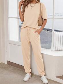 Women's Two-Piece Suit Short-Sleeved Pullover With Drawstring Trousers Sportswear Casual Jogging Suit - Màu be - Xem 2