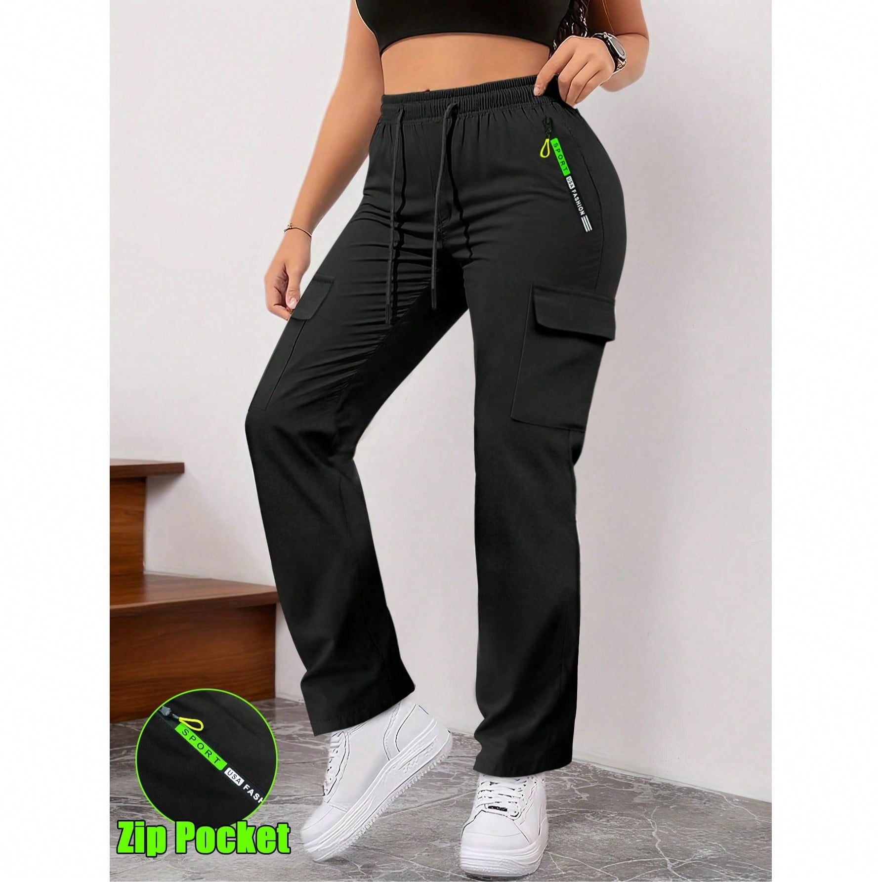 Pantalones cargo con bolsillos con cremallera para mujer, diseño de bolsillos grandes de moda, cintura elástica con cordón, pantalones casuales aju