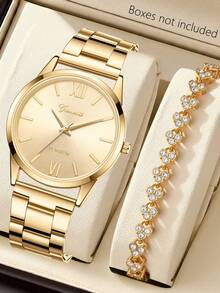 女士合金表带手表及手链套装（2件套），时尚简约石英表搭配，适合日常穿搭或节日礼物
