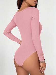 Women Spring Bodysuits For Long Sleeve Shirts Fitted Basic Ribbed Layering Bodys Tops Fall Fashion Winter Clothes Pink Vacation Rompers Outfits For Women - Pink - View 2