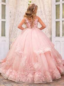 Elegant Sweetie Princess Sleeveless Flower Girl Dresses Appliques  Tulle Pageant Dresses For Girls Kids Party Ball Gowns,First Communion Dress,Tween Girls Princess Dress,Birthday,Wedding Or Photoshoot Outfit,Dance Performance Dress,Piano Performance Dress,Perfect For Shows,Birthday Parties,Vacations,Pageant,Prom Dress - 粉色 - 查看 2