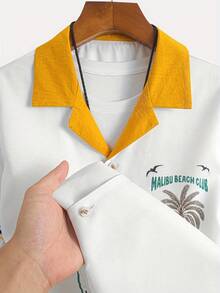 男士复古宽松休闲衬衫套装（2件套），翻领，撞色设计，植物印花图案，男士沙滩装 - 白色 - 查看 7