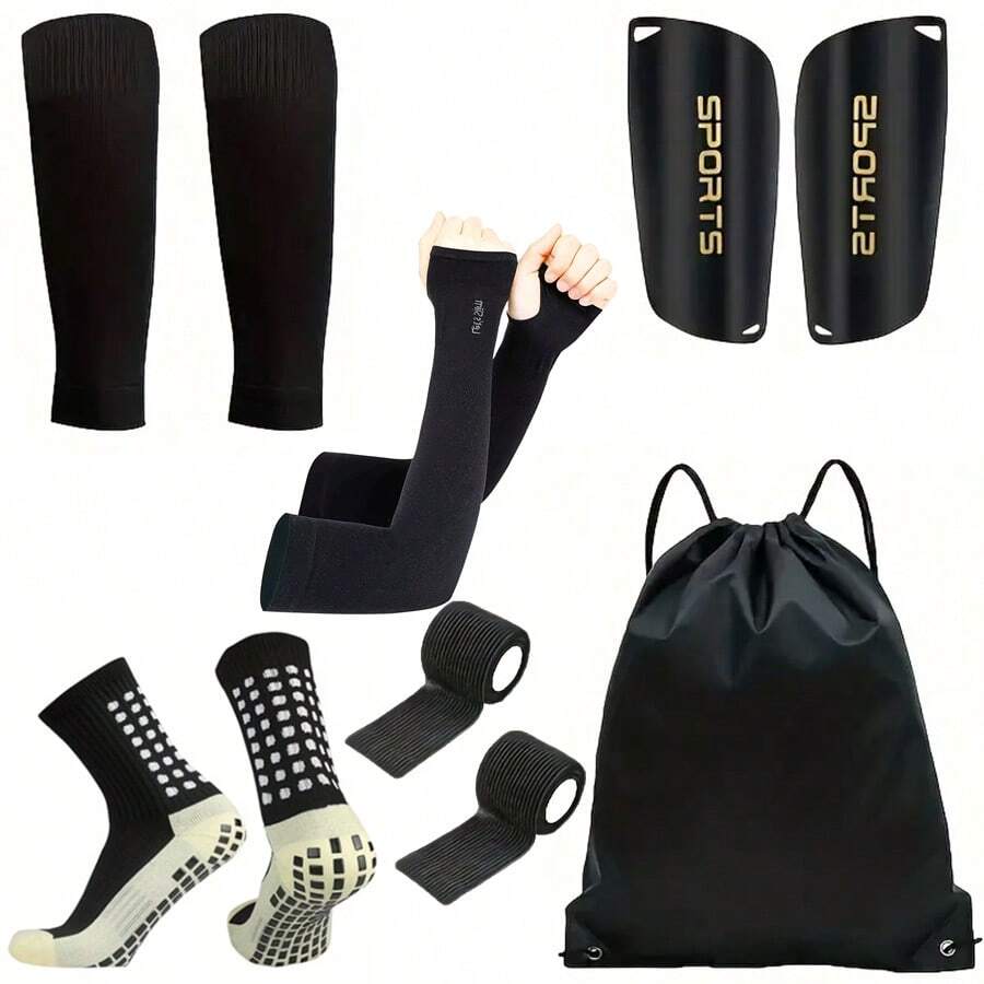 6pcs Soccer Sports Equipment Set, Includes Silicone Anti-Slip Soccer Socks, Sun Protection Arm Sleeves, Protective Gear, Drawstring Backpack And Sports Tape, Polyester Spandex Knit Tube Socks, Solid Color, Hand Washable And Machine Washable - Multicolor - View 1