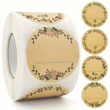 1 Roll Of 500 Pieces Of Kraft Paper Stickers, Circular Flower Wreath Pattern Labels, Suitable For Jar, Food Storage, Christmas And Valentine's Day Gift Bag Sealing, Simulated Leather And Holiday Decoration - A - View 1