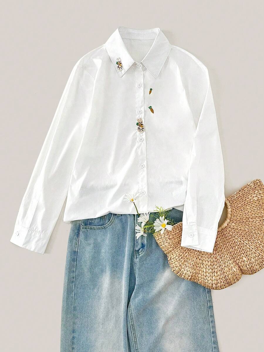 Women's Rabbit & Carrot Embroidery Pocket Button Front Shirt - White - View 1