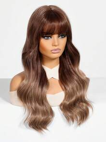 1 pieza Peluca de mujer con ondas y flequillo de color marrón, cabello sintético rizado de 26 pulgadas de largo, fibra resistente a altas temperaturas, gorro de red de rosa, para uso diario y de fiesta - Marrón - Ver 8