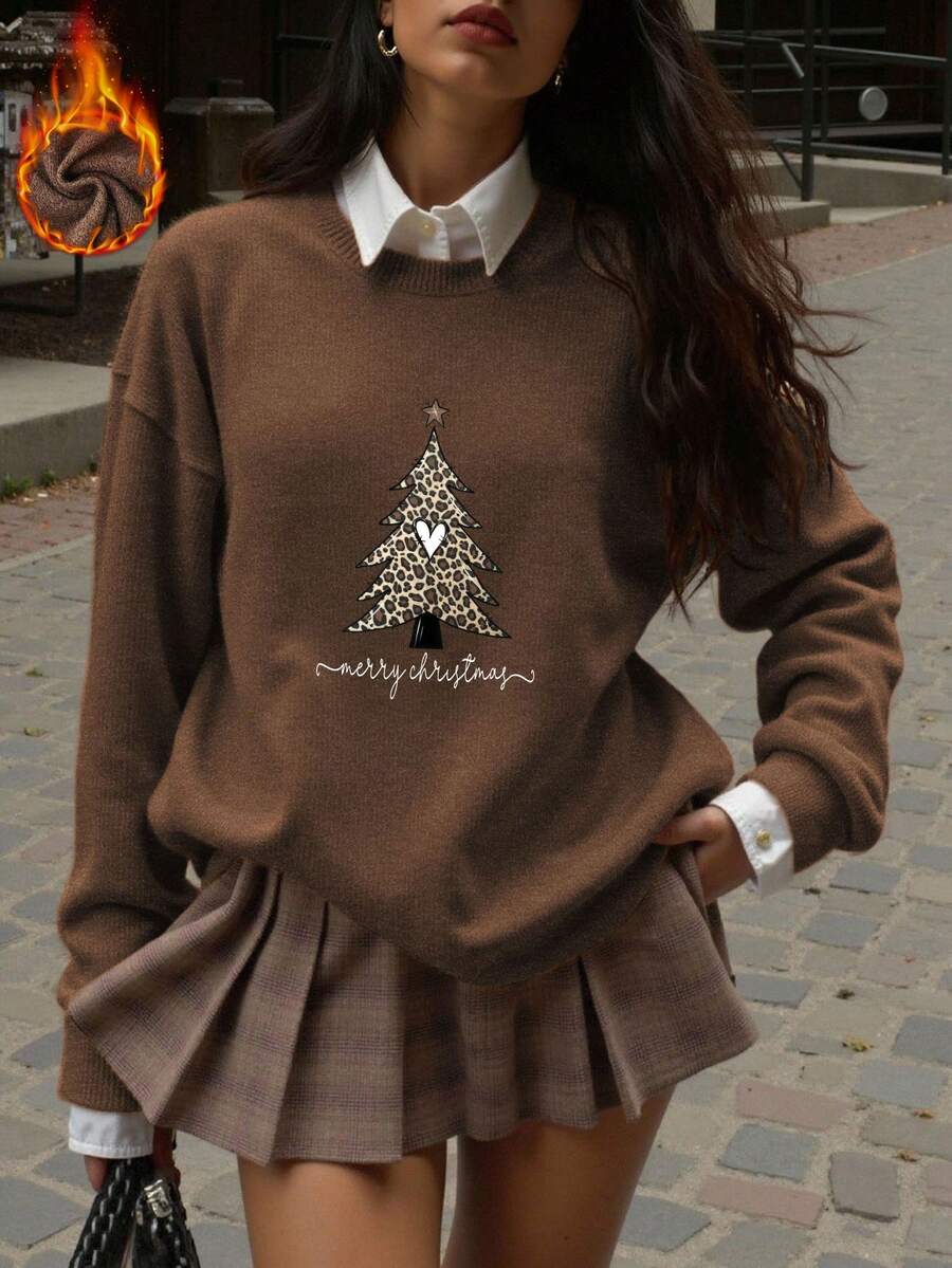Leopard Print Christmas Tree Pattern, Merry Christmas, Women's Casual Fashionable Elegant Faux Sweater, Sophisticated Party, Comfortable Family Gathering, Daily Casual Wear - Brown - View 1