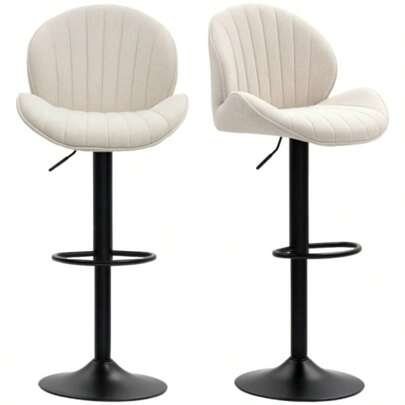 Set med 2 barstolar, tygklädsel, justerbar sitthöjd, snurrbar, stålram, beige
