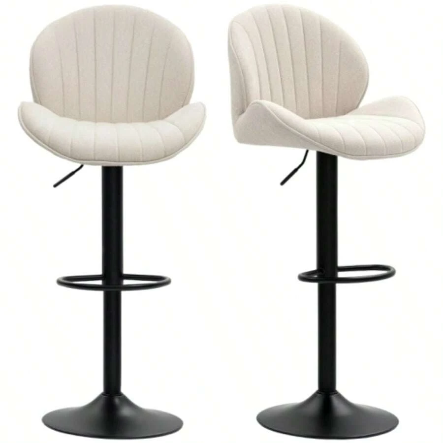 Set Of 2 Bar Stools, Fabric Upholstery, Adjustable Seat Height, Swivel, Steel Frame, Beige - Apricot - View 1