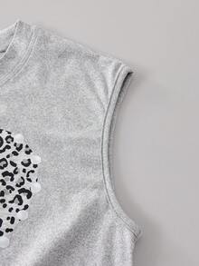 13-16岁少女豹纹爱心印花两件套，无袖豹纹爱心图案上衣和豹纹迷你裙套装 - 灰色 - 查看 11