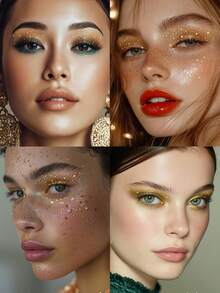 6片闪光眼影贴纸，闪亮脸部纹身贴纸，金色眼线贴纸，可爱眼妆临时纹身贴纸，防水，适合节日、派对、舞会 - 金色 - 查看 2