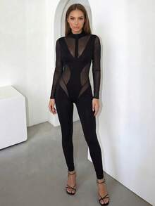 女士性感网纱拼接透视镂空高领长袖连体裤，弹力面料 - 黑色 - 查看 2