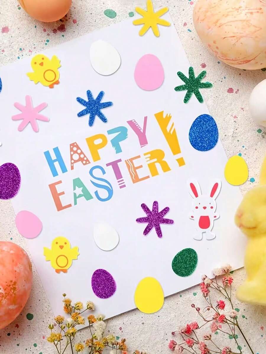 120pcs 3D Foam Easter Stickers - Colorful Egg, Rabbit, Chick And Flower Shaped Glitter Stickers For DIY Crafts, Greeting Cards And Spring Home Party Decorations