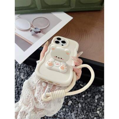 1pc White Wavy Phone Case With Bear Mirror Stand And Solid Color Strap, Cute & Fashionable, Compatible With IPhone 11, 12, 13, 14, 15, 16 And Galaxy A51, A52, A53, A54, A55, A56, S20, S21, S23, S24, S25, A31, A32, A33 Etc.