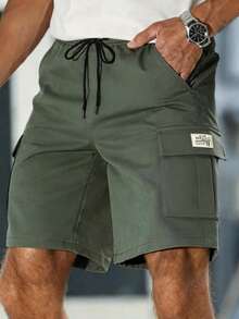男士工装短裤，多口袋抽绳腰带休闲及膝裤，百搭 - 軍綠色 - 查看 1