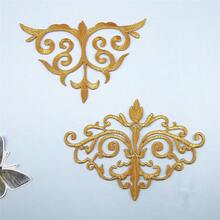 2片金银刺绣镂空布贴，适用于服装装饰、包袋，热熔胶贴片