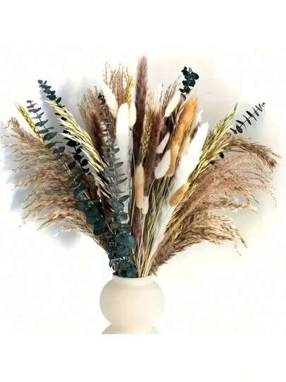 1bunch Dried Florals Eucalyptus Bouquet - 55pcs Luxury Dried Flower Bouquet, Boho Dried Flowers For Vase, Small Pampas Grass Decor, Decorative Flowers Dried Floral Arrange