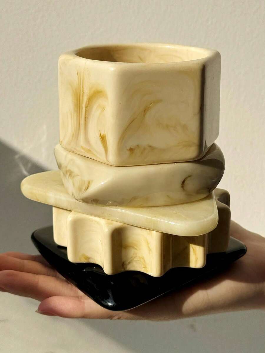 1件象牙色不对称树脂手链，厚款手链，饰有三角形、六边形和齿轮形状，复古优雅女士饰品，秋冬季款 - 彩色 - 查看 1