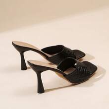 蛇纹高跟穆勒鞋，女士尖头套脚细高跟凉鞋，时尚派对礼服鞋 - 黑色 - 查看 2