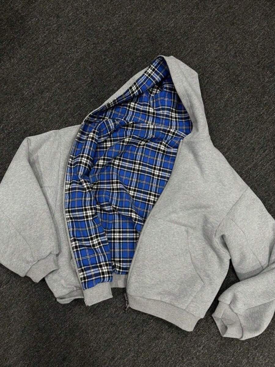 Splicing Double-Sided Wear Cardigan Sweater Men's Spring And Autumn Niche Design Sense  American Retro Loose Hooded Jacket - 灰色 - 查看 1