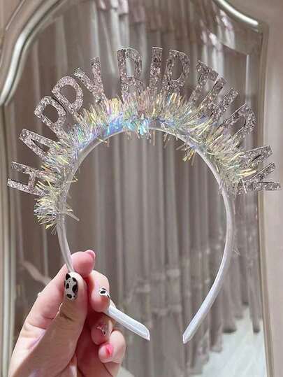 1/5pcs Happy Birthday Headband, Shiny Sequin Silver Hair Hoop, Suitable For Birthday Party, Party Supplies, Party Hat, Photo Props