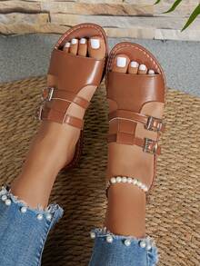 1 par de sandalias de mujer de unicolor, elegantes, casuales y sexys de cuero PU para exteriores, adecuadas para la playa, resort, casual, oficina, hogar, primavera/verano - Marrón - Ver 5