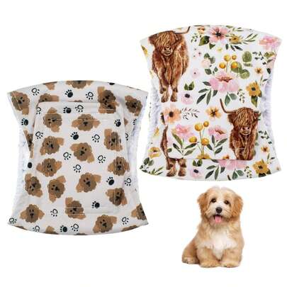 2片装可重复使用的雄性犬尿布，柔软透气，印有可爱图案，腰部可调节，适用于失禁、术后护理和室内训练