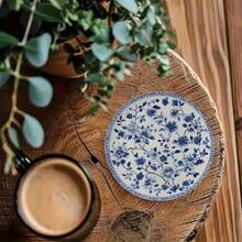 6件套瓷纹圆形木质杯垫 - 4英寸/10厘米，2D印刷平面杯垫，适用于咖啡桌、家居装饰、酒吧、玻璃杯和啤酒杯 - 理想的乔迁礼物、公寓装饰、节日杯垫、桌面装饰、礼品，可选1套、2套或3套 - 霧霾藍 - 查看 3