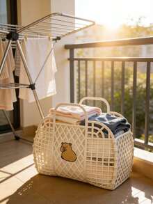 可爱水豚印花塑料浴缸收纳篮（粉色和白色可选），便携式淋浴袋，储物篮沙滩包，镂空设计收纳篮 - 双提手编织风格浴室收纳篮，可收纳洗漱用品、化妆品、沐浴用品、零食、玩具，用途广泛，可用作沙滩包、梳妆台收纳篮或家居杂物收纳袋，化妆间装饰 - 彩色 - 查看 4