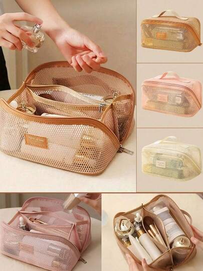1pc Mesh Travel Makeup Bag, Multi-Compartment Makeup Brush Organizer, Large Capacity Cosmetic Storage Bag, Double Layer Toiletry Bag, Portable Handbag, Makeup And Accessories Organizer, Perfume Storage Box, Suitable For Toiletries, Colored Pencils, Eyeshadow Brushes, Sanitary Napkins, Lipstick, Makeup Brushes, Eyeliner, Lip Gloss, Skincare Products, Digital Products, Christmas Gift, Valentine's Day Gift, Suitable For Mother, Friends, Teachers