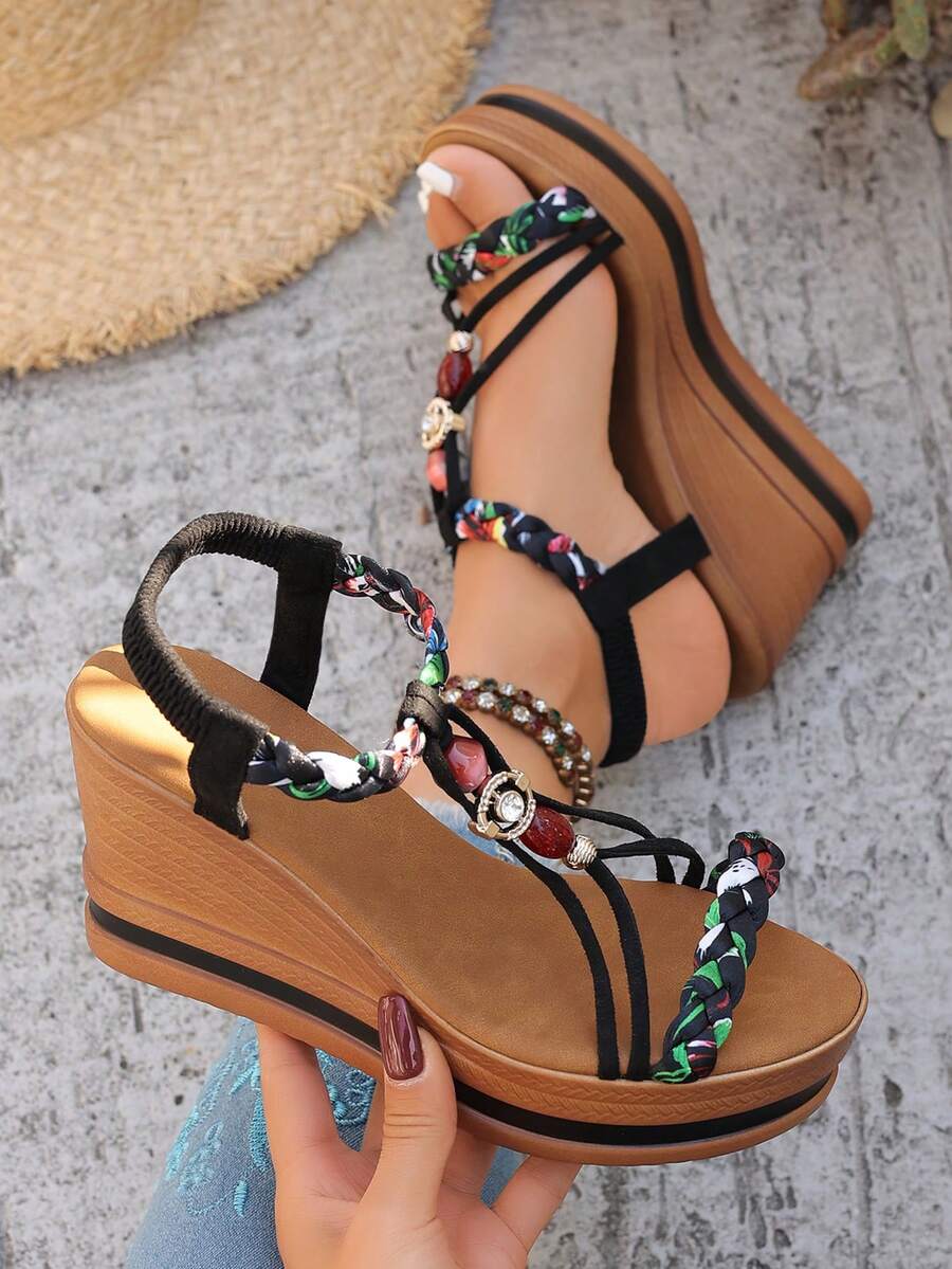 Sandal Wedges Elastis Terbaru Musim Panas 2022, Sandal Platform Bohemian Hak Tinggi Serbaguna yang Cocok Dipadukan dengan Gaun - Hitam - View 1