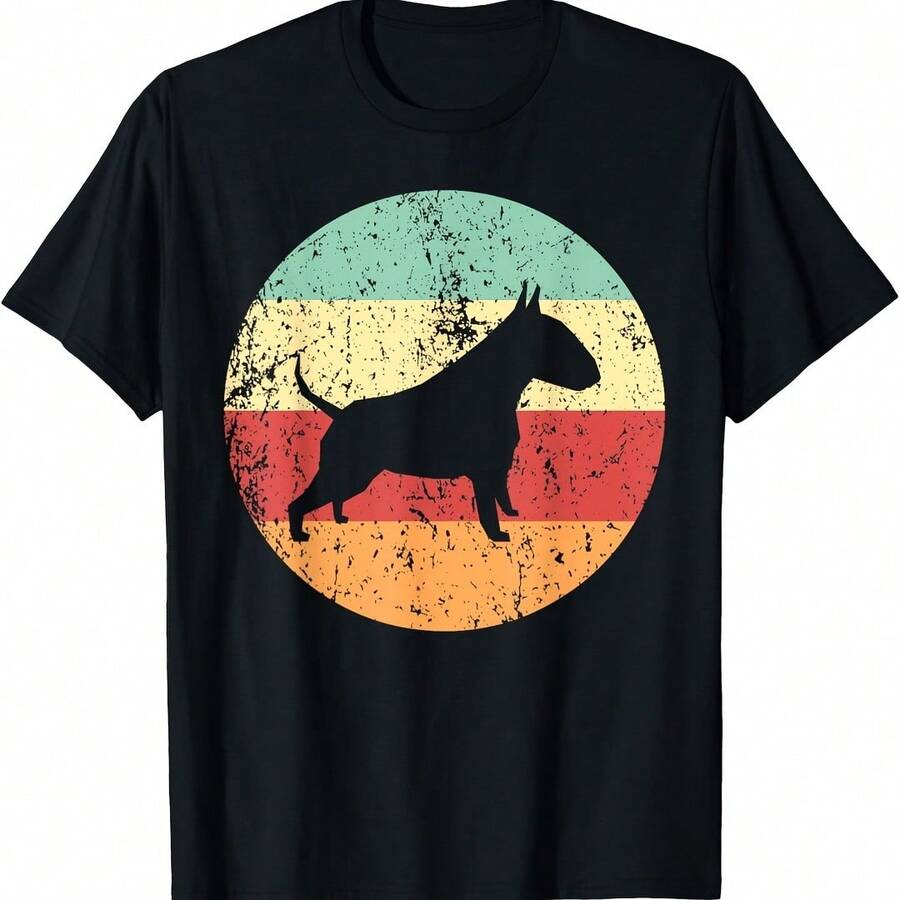 Bull Terrier Dog Breed Silhouette Cool Retro 1970's Circle T-Shirt - Black - View 1
