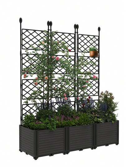 Techigher Plastic Raised Garden Bed With Trellis, Vertical Outdoor Planter Box For Climbing Plants, Vegetables & Flowers - Balcony Privacy Screen For Patio, Deck, Backyard